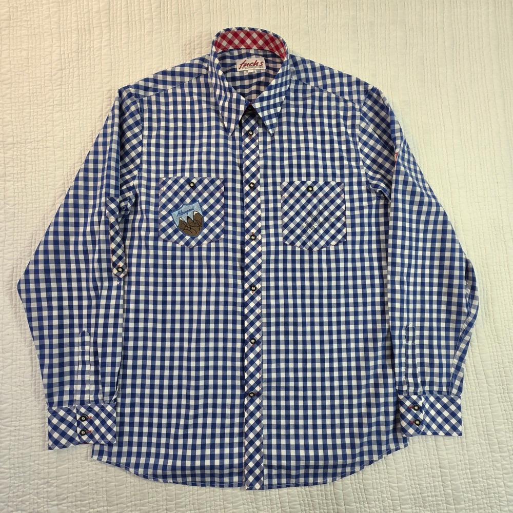 Fuchs Trachtenmoden Mens XL Blue Gingham Oktoberfest Bavarian Shirt Alpengaudi